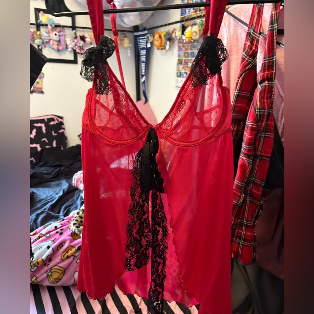 Elegant Red Lace Babydoll Lingerie fly away top with black lace bow details